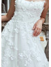 White Lace Tulle Pearls Embellished Floral Wedding Dress